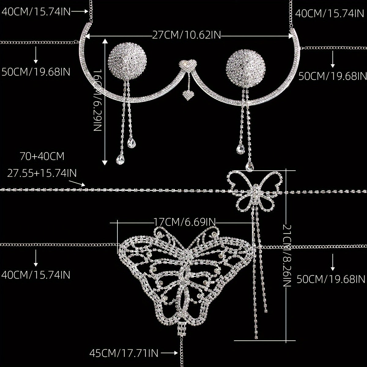 Women's Rhinestone Embellished Bikini Thong Body Chain Set, 4-Piece Collection