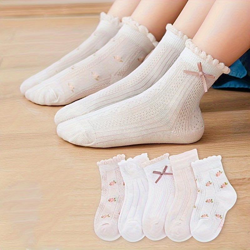 Girls' Mesh Socks with Bowknots Floral Pattern for Spring Summer Set of 5