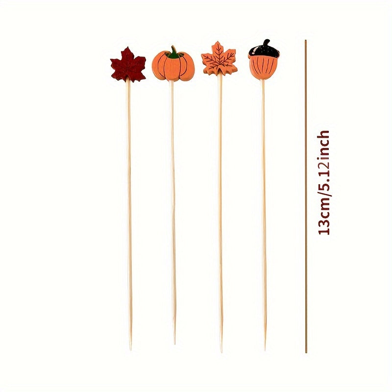 Bamboo Cocktail Picks for Appetizers and Fruit Skewers with Decorative Leaves Pumpkins and Acorns Set of 50