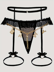 Women's Mesh Garter Set with Gold Chain Bow and Letter T-Back Lingerie