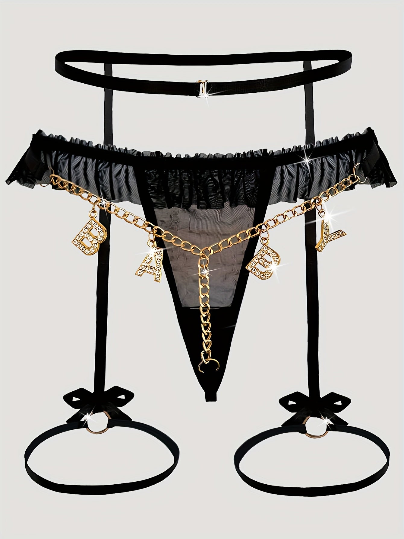 Women's Mesh Garter Set with Gold Chain Bow and Letter T-Back Lingerie