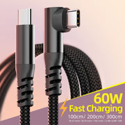 60W USB-C to USB-C Fast Charging Cable 90-Degree Elbow Flat Design for iPhone, iPad, MacBook, Samsung, Xiaomi, OnePlus, Vivo, OPPO 3.05m