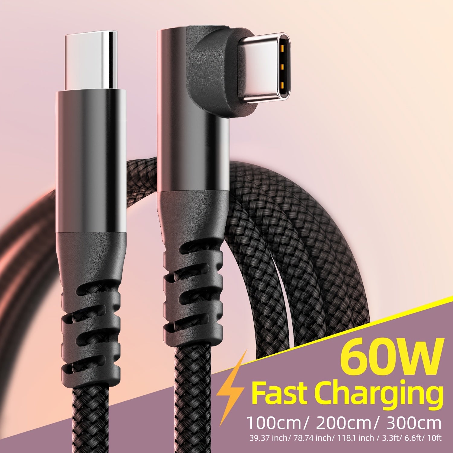 60W USB-C to USB-C Fast Charging Cable 90-Degree Elbow Flat Design for iPhone, iPad, MacBook, Samsung, Xiaomi, OnePlus, Vivo, OPPO 3.05m
