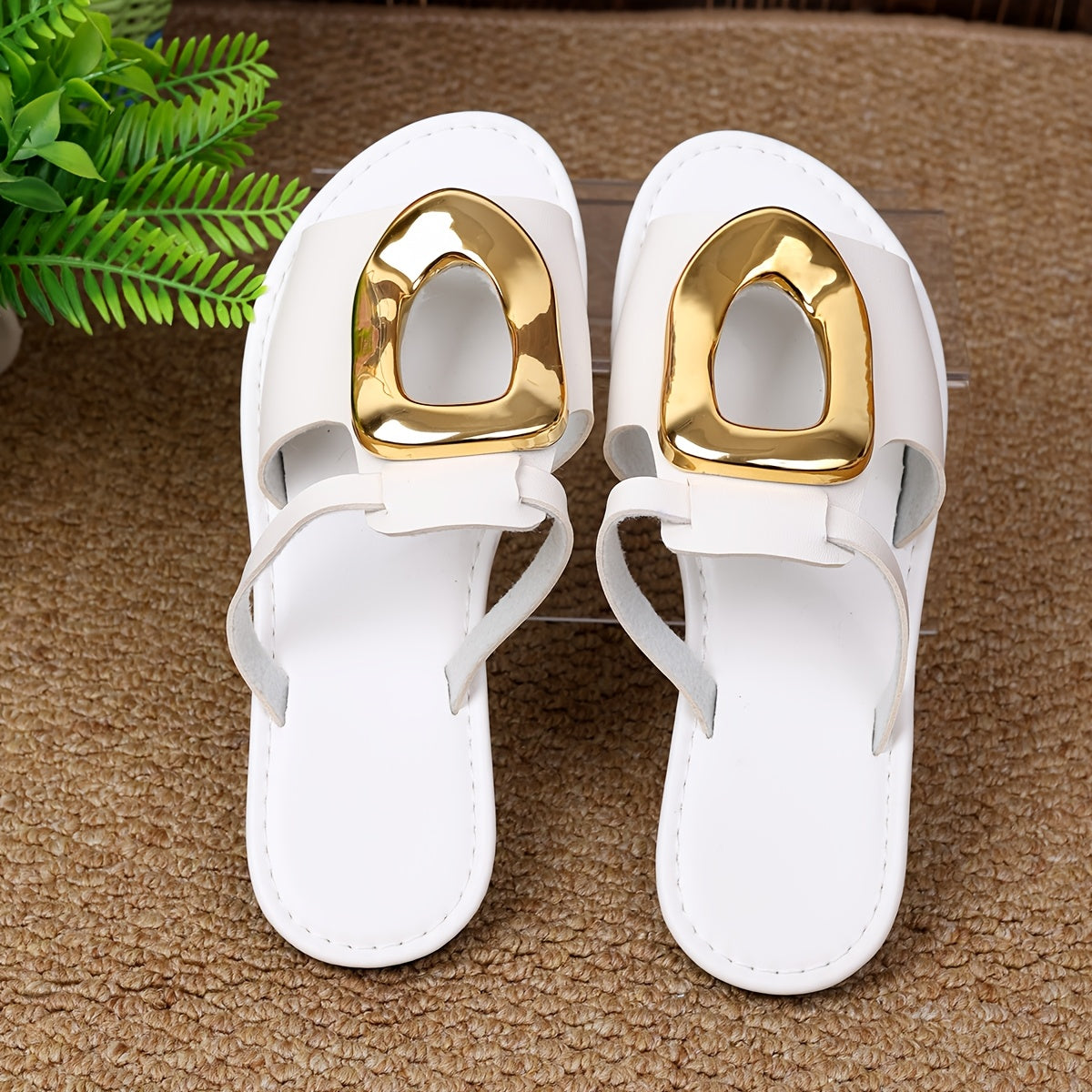 Women's Casual Black White Orange Sandals with Golden Buckles
