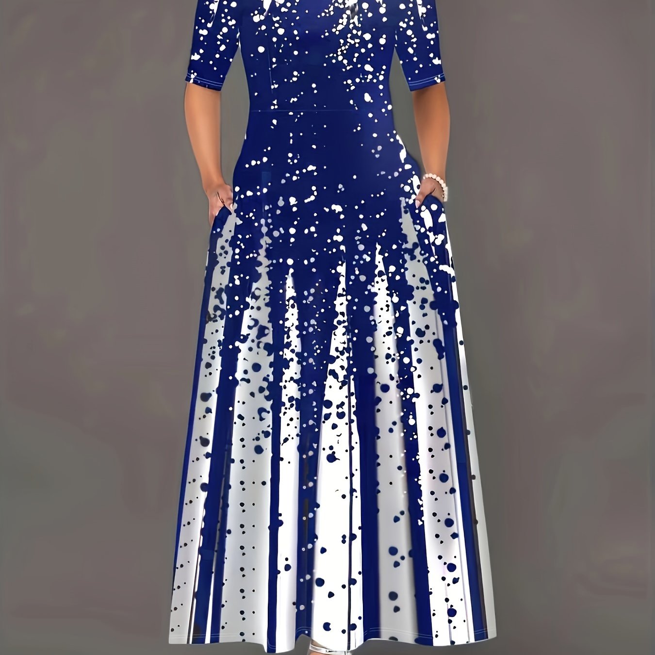 Women's Long Dress with Polka Dot Print Crew Neck Spring Summer Elegant Knit Fabric