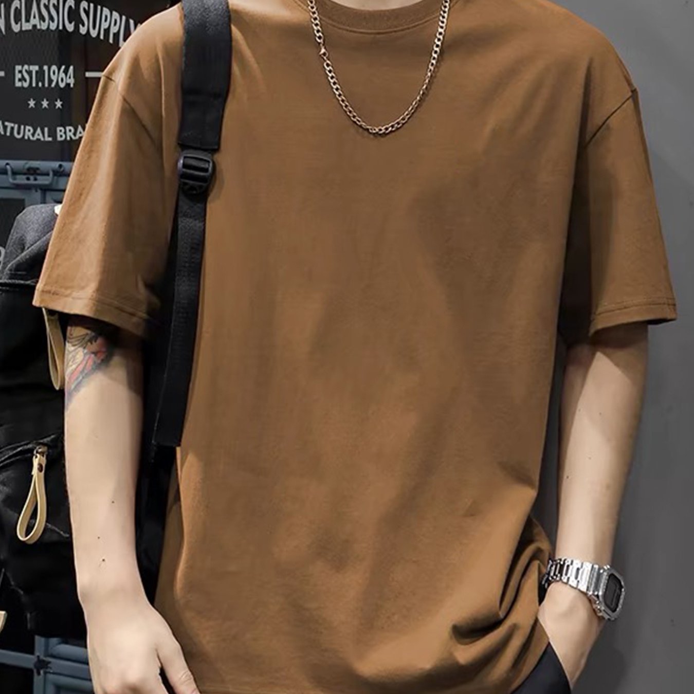 Camiseta de algodón sólida para hombre de manga corta con cuello redondo, ropa casual de verano