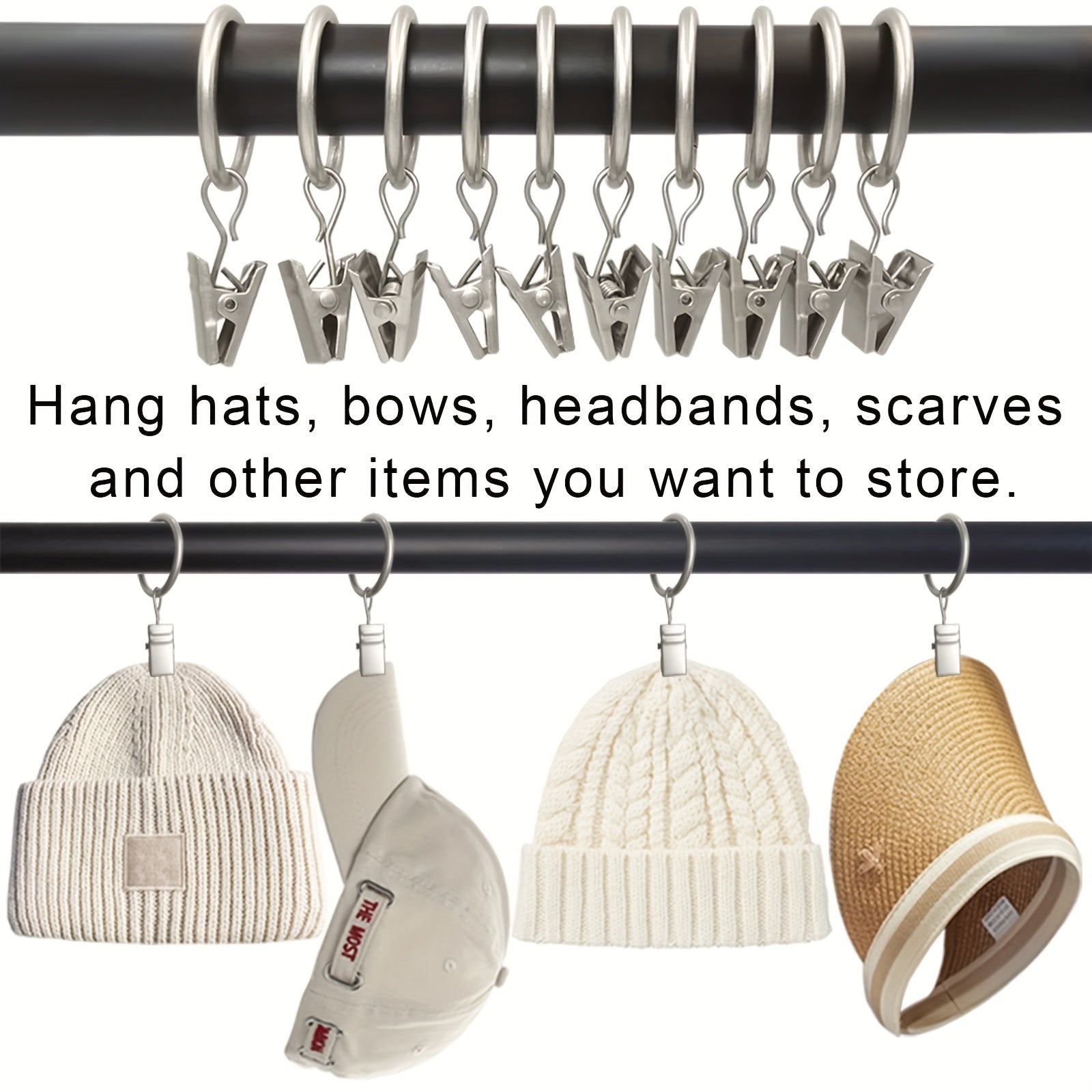 Set of 12 Stainless Steel Curtain Rings with Clips, Rust-Resistant, Modern Drapery Hardware