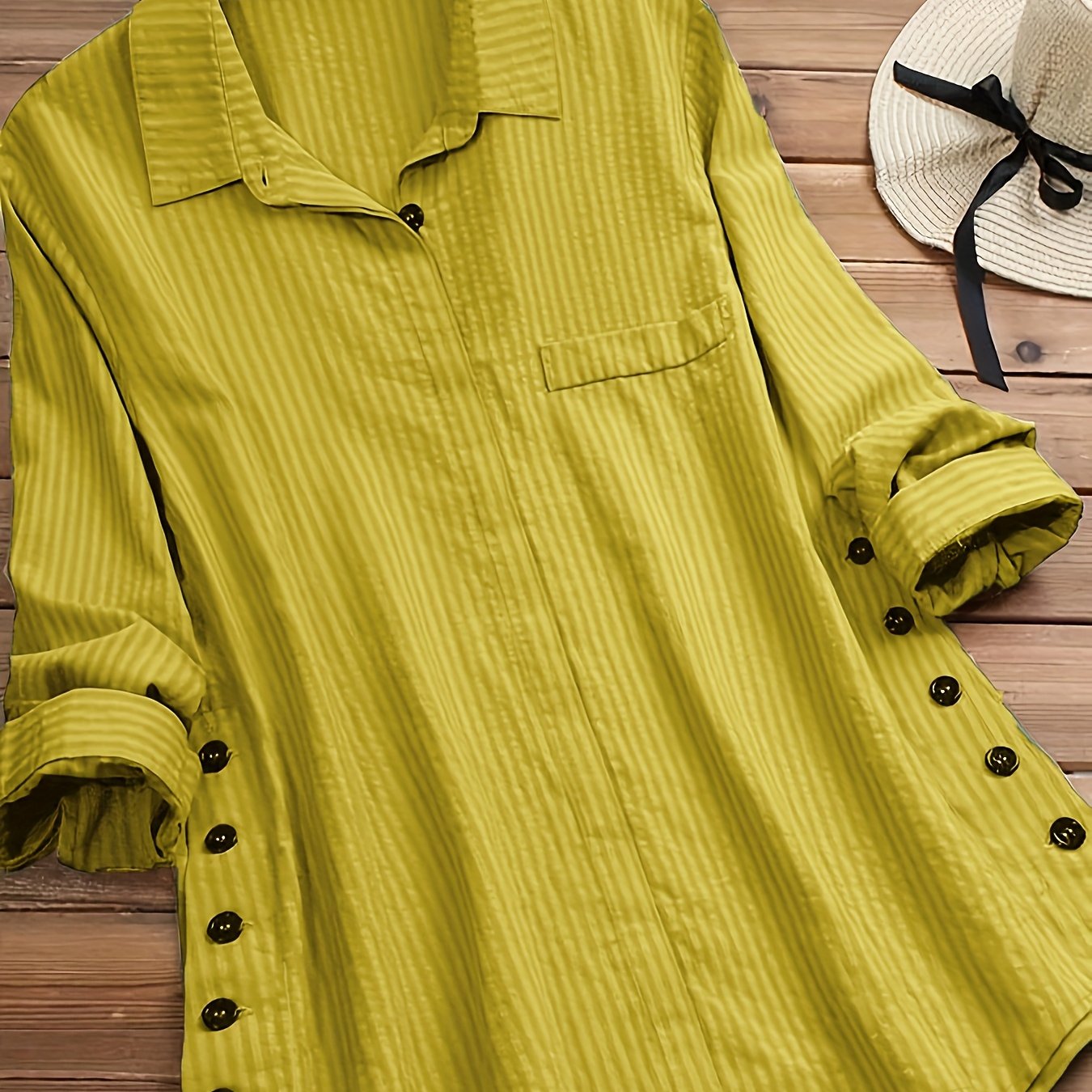 Women's Green Striped Long Sleeve Shirt with Button Detail Casual Chic Polyester