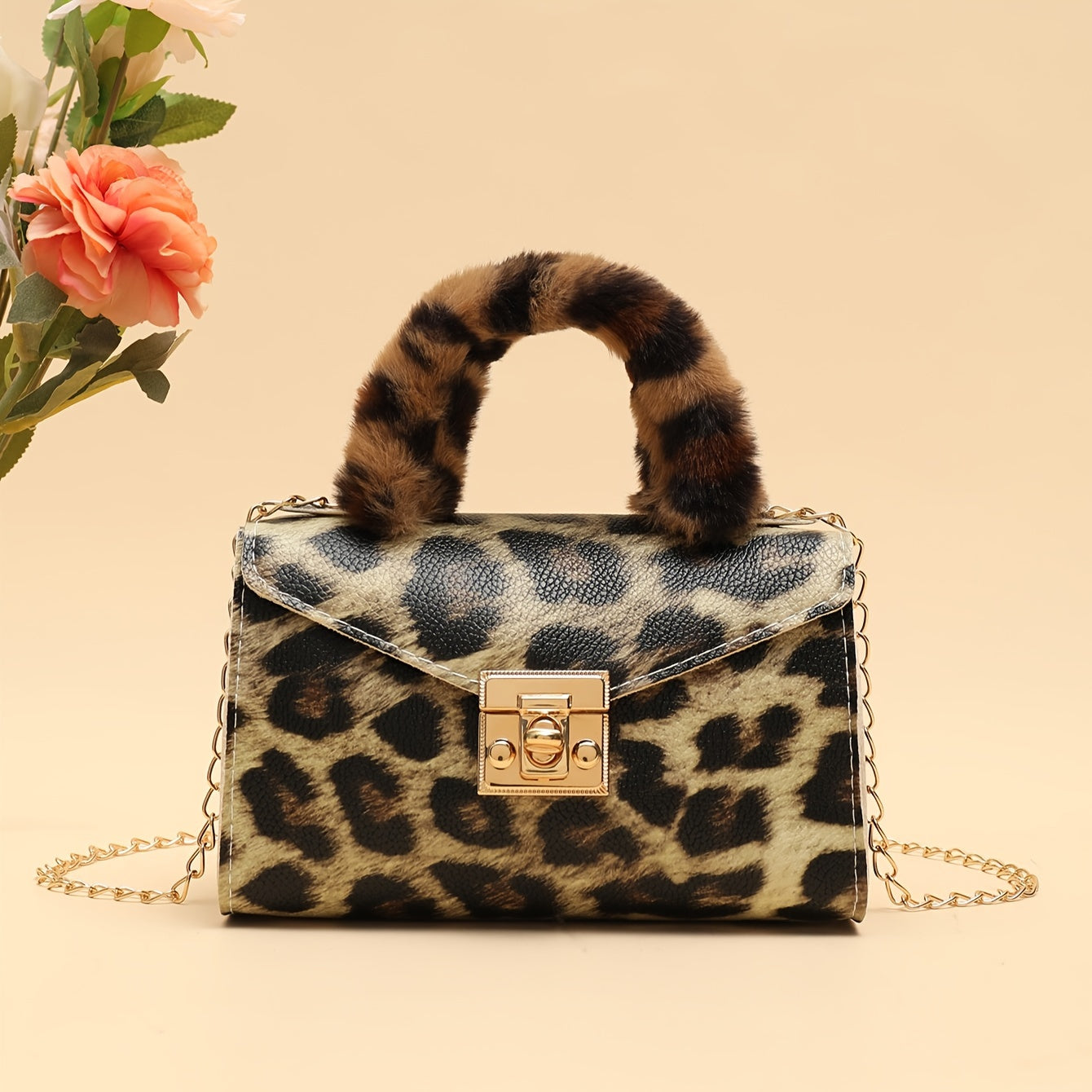 Furry Chain Crossbody Bag with Animal Print and Removable Strap for Daily Use