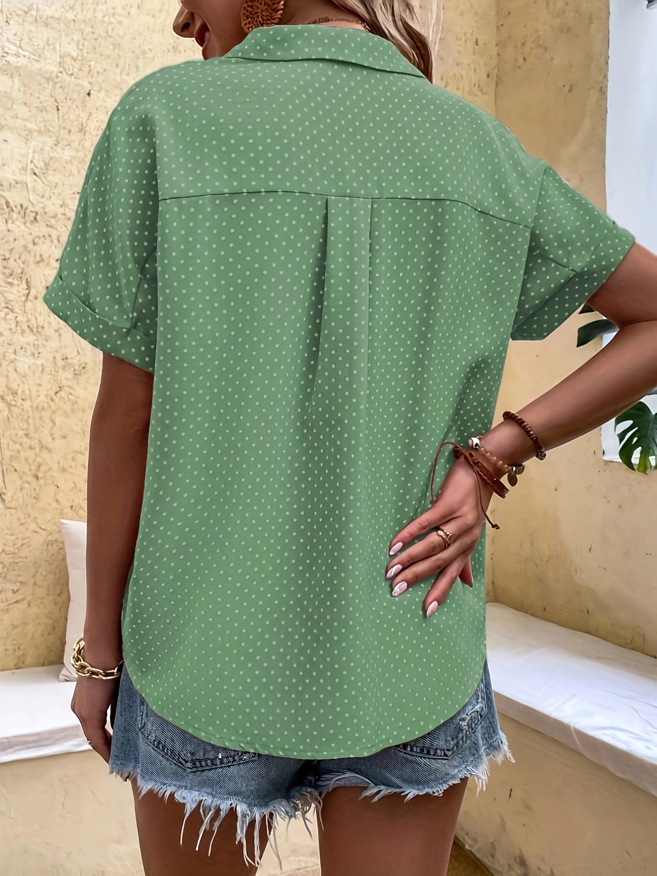 Women's Light Blue Polka Dot Batwing Sleeve Shirt Casual Summer Blouse