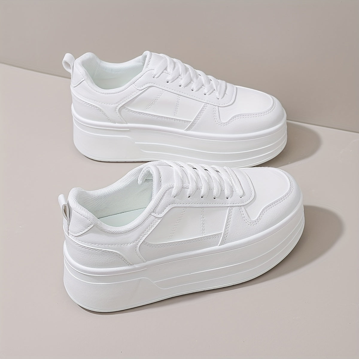 Women's Solid Color Minimalist Sneakers Lace Up White Platform Walking Shoes
