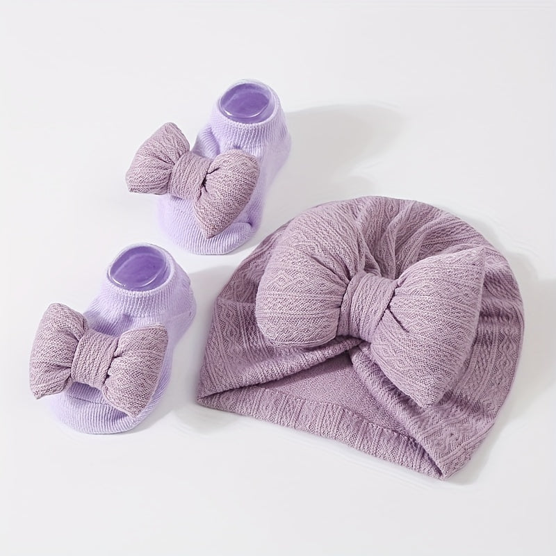 Baby Girl Knit Fleece Bow Hat and Socks Set for Thanksgiving 0-3 Years