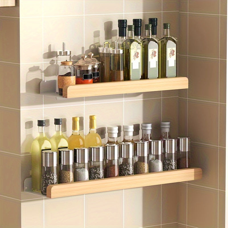 Wood and Metal Wall-Mounted Spice Rack with Hooks for Kitchen Storage