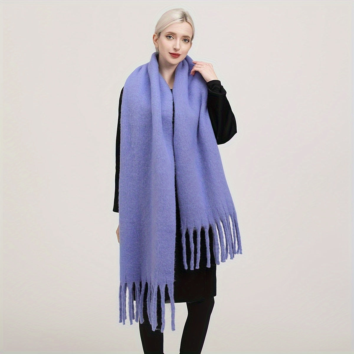 Women's Autumn Winter Solid Color Fringe Scarf Soft Windproof Large Shawl