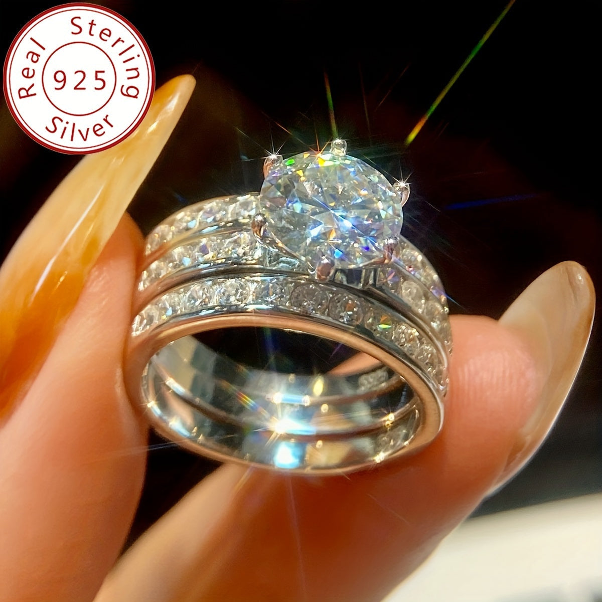 Ayollar uchun zargarlik to'plami, 2 karat Moissanit bilan to'y uzuk va mos keladigan uzuklar bilan