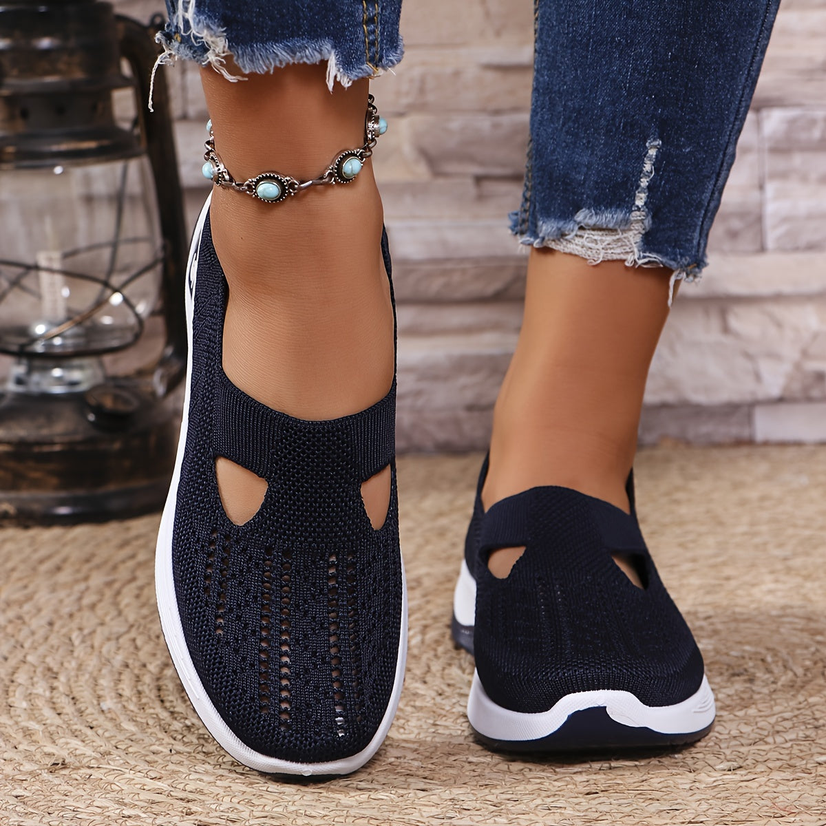 Women's Lightweight Knitted Sneakers with PVC Sole and Fabric Insole All-Season Slip-On
