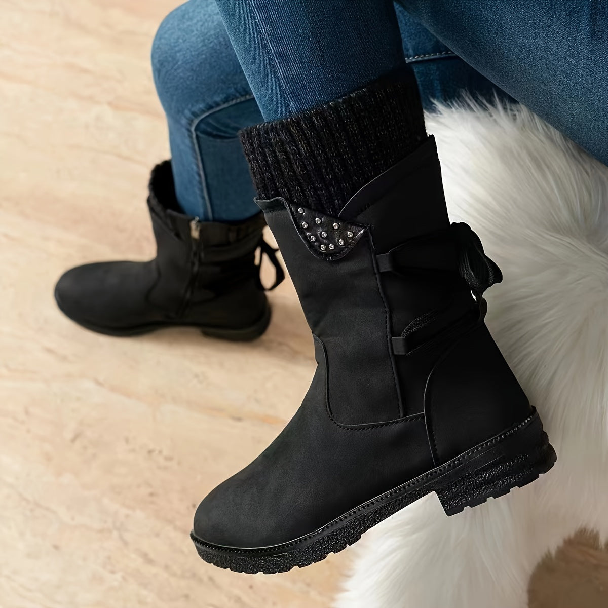 Women's Mid-Calf Boots with Knit Cuff Zippered Round Toe Block Heel