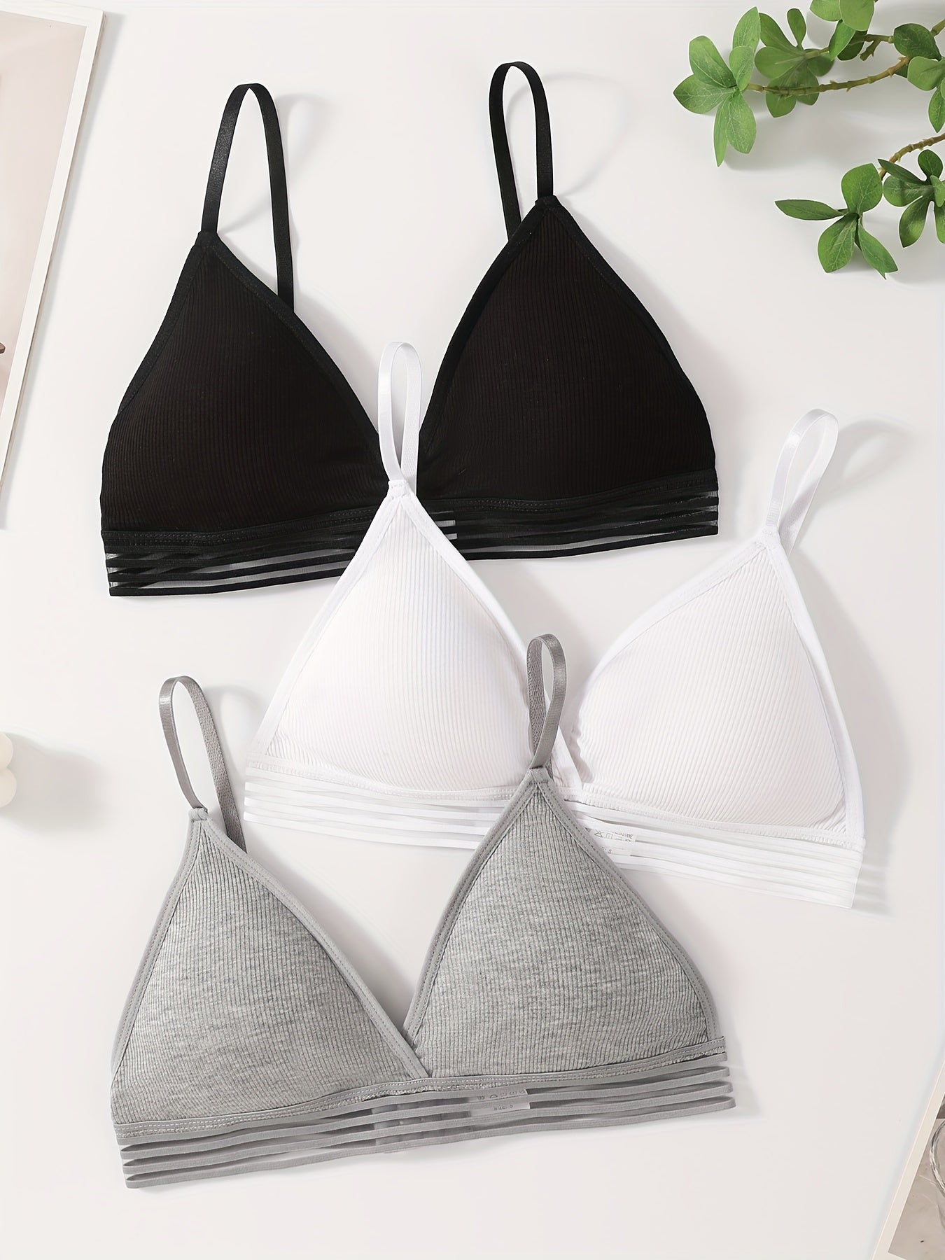 Women's Ribbed Wireless Bras with Removable Pads and Stripes in Black White Gray