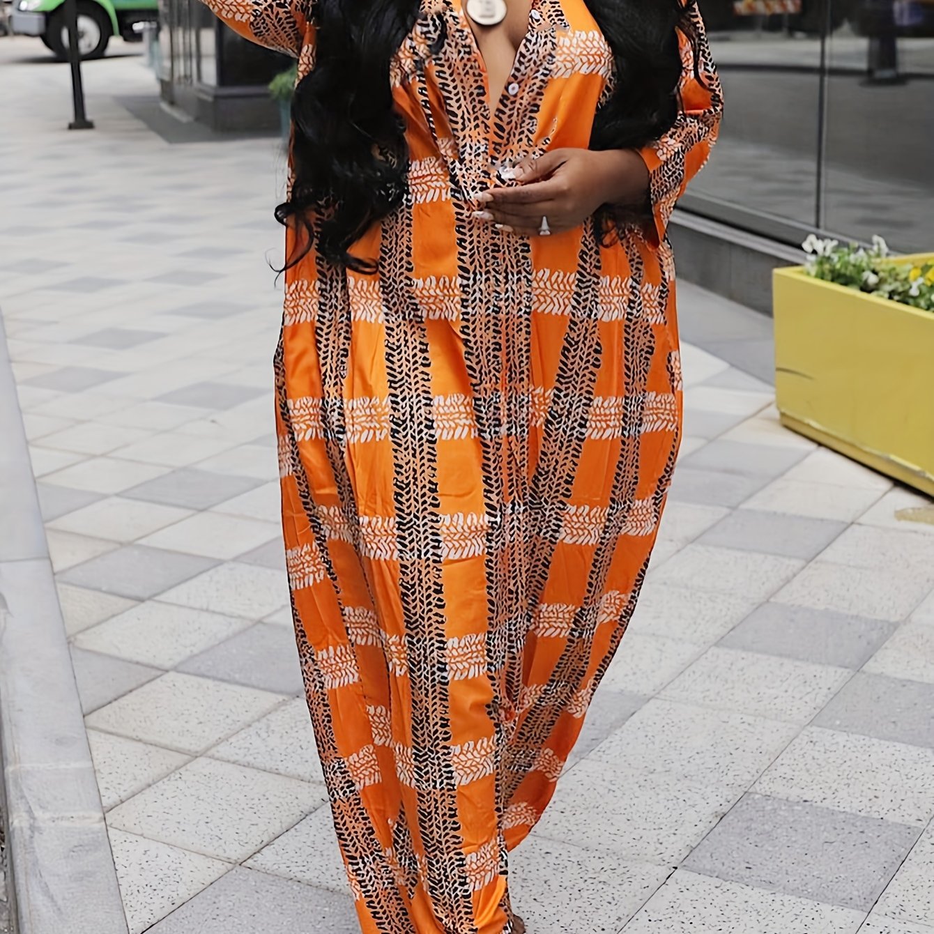 Plus Size Plaid Jumpsuit Casual Long Sleeve Button-Front Women‍s Clothing