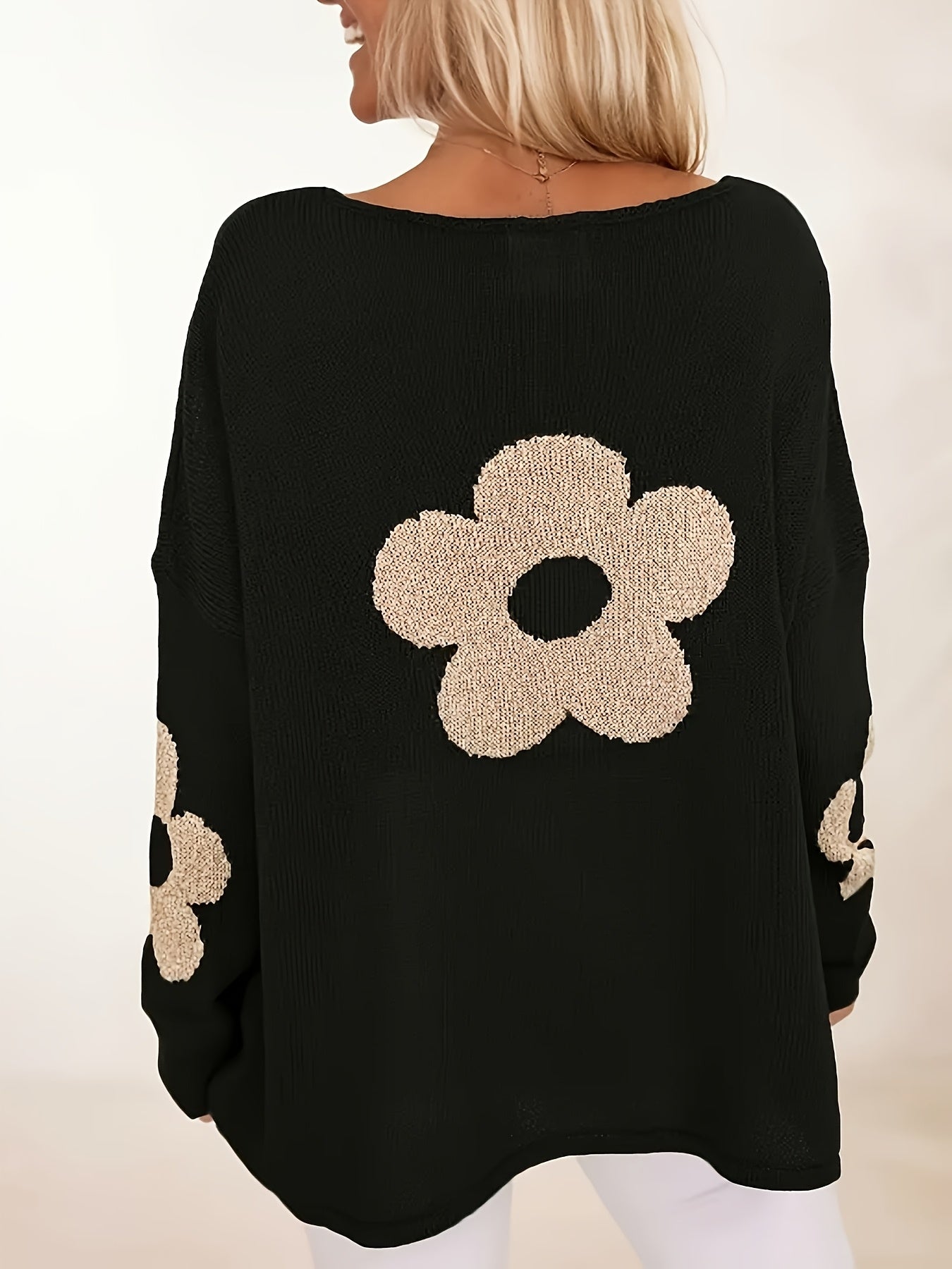 Plus Size Women's Olive Green Jacquard Sweater Long Sleeve Round Neck Autumn Winter