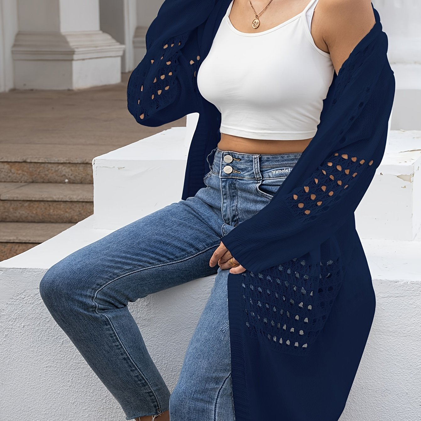 Cárdigan de punto para mujer talla grande con manga larga, abertura frontal y bordado, estilo flyaway