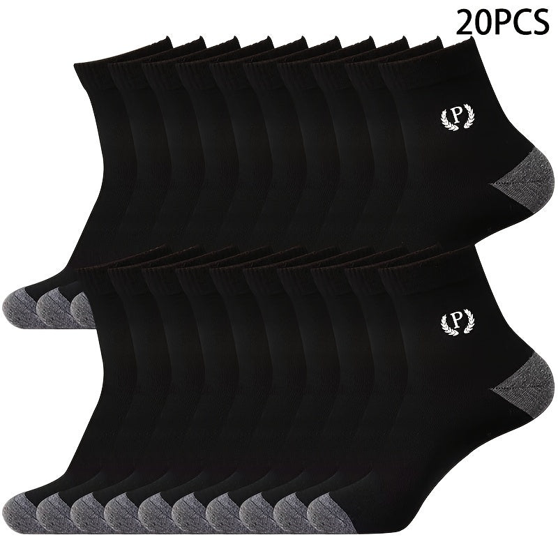 Men's Mid-Calf Socks Pack of 20 Solid Colors Breathable Casual Sports Polyester Spandex