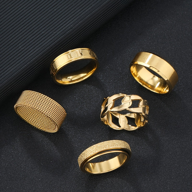 Set of 5 Stainless Steel Rings with Gold Rotatable and Hollow Out Hip Hop Styles