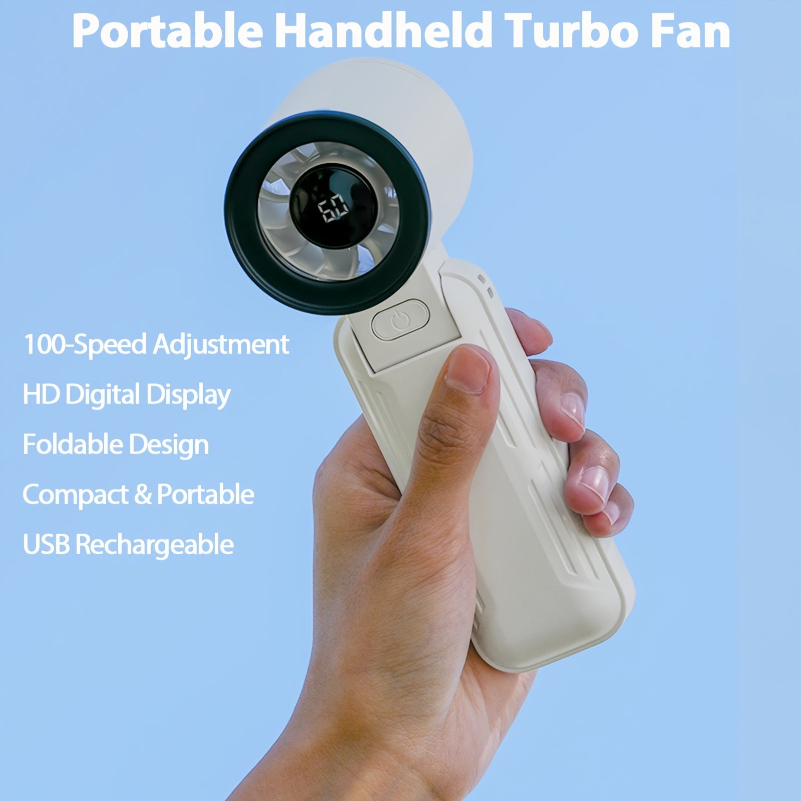 Portable Handheld Turbo Fan with Rechargeable Battery, Foldable, Neck Strap