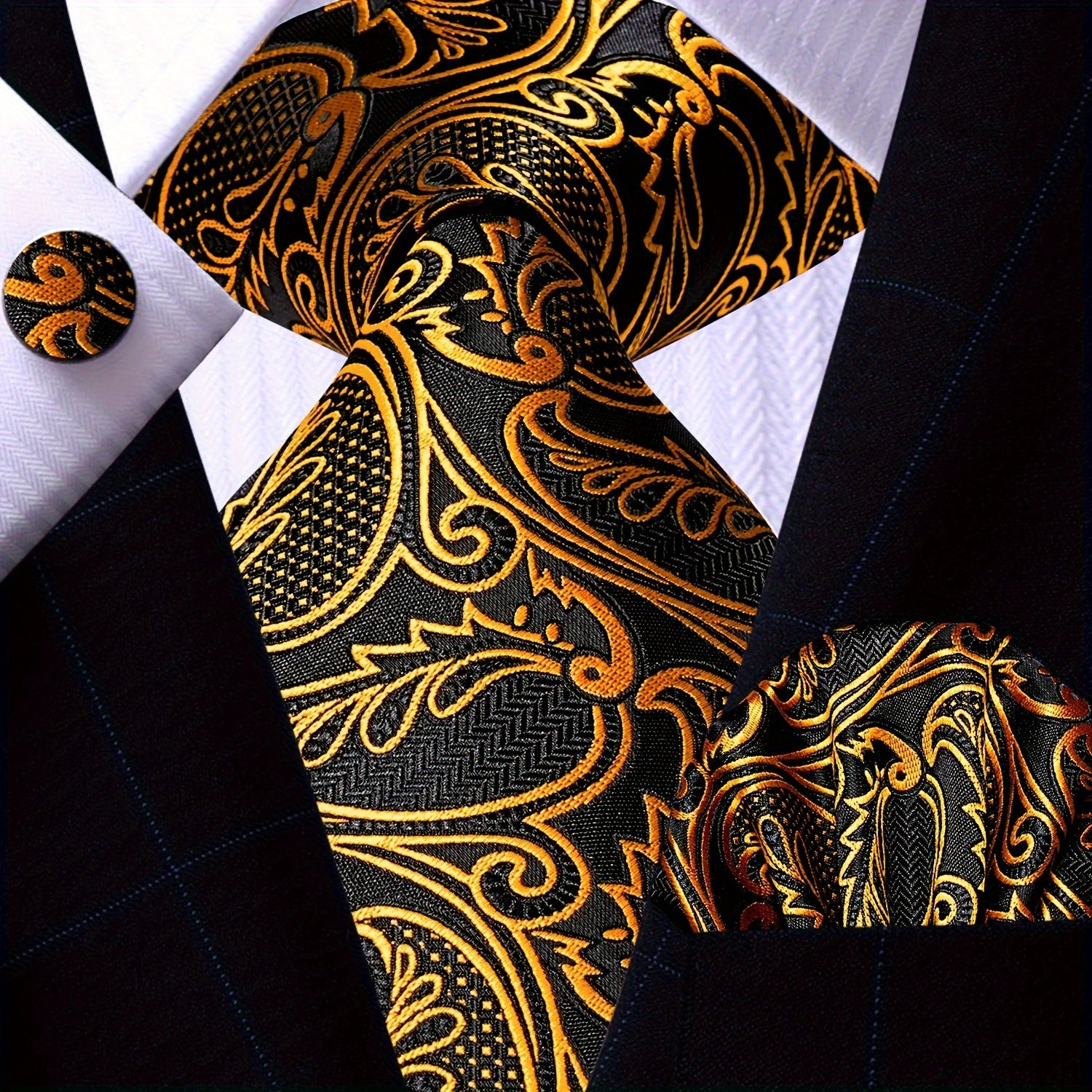 Men's Gold Accessories Set Tie Pocket Square Cufflinks for Weddings Business