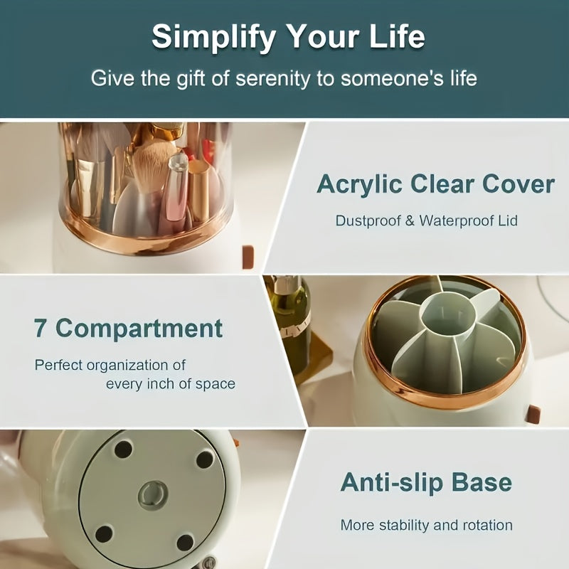 360-Degree Rotating Makeup Organizer Dustproof Compartments for Brushes Lipsticks Eyebrow Pencils