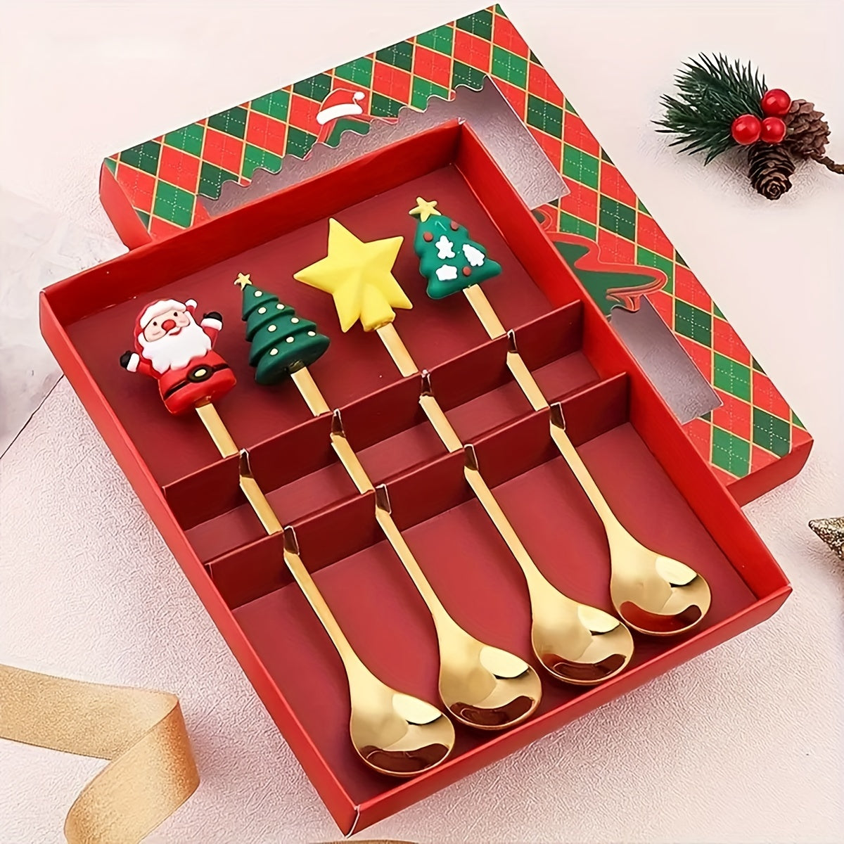 Stainless Steel Christmas Tableware Set 4/6 Pieces for Holiday Party Gift Set with Forks and Spoons