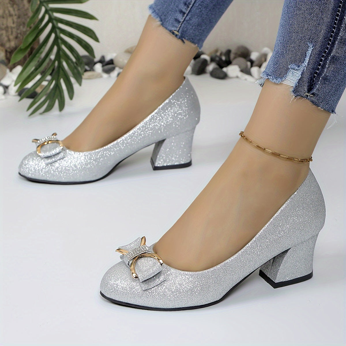 Women Low-Cut High Heel Shoes Rhinestone Butterfly Bows Matte Work Shoes Plus Size