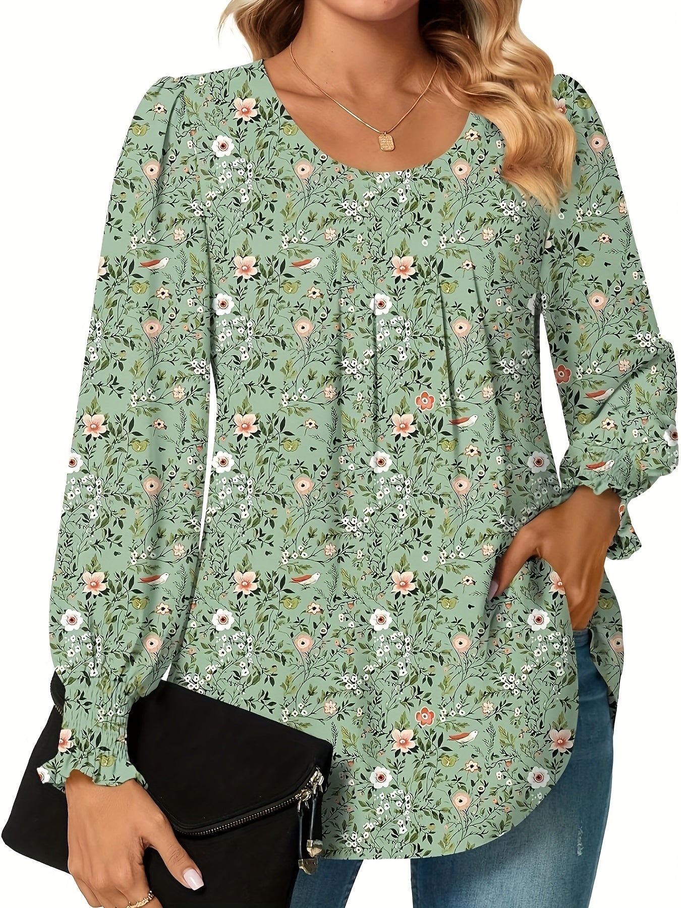 Plus Size Floral Print Blouse Women's Casual Long Sleeve Shirt Machine Washable