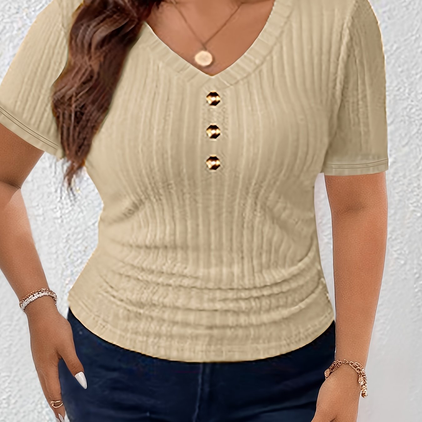 Women's Short Sleeve V-Neck T-Shirt with Gold Button Front Solid Color