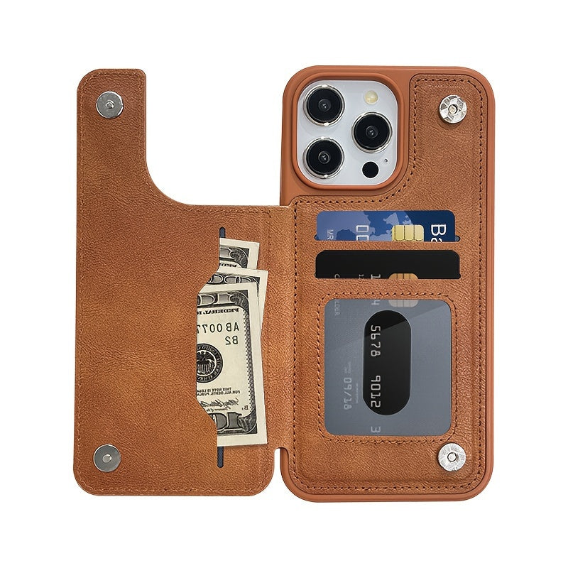 Faux Leather Phone Case with Card Wallet Magnetic Button for iPhone Models