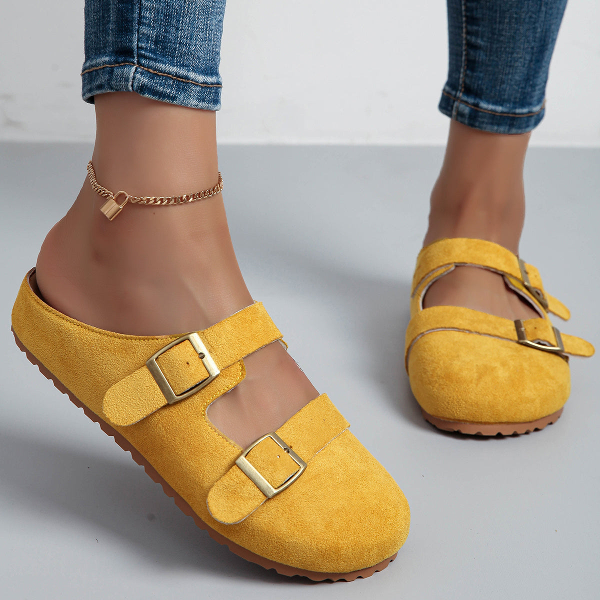 Women Pink Faux Cover Slip-On Loafers with Gold Buckle and Platform Sole