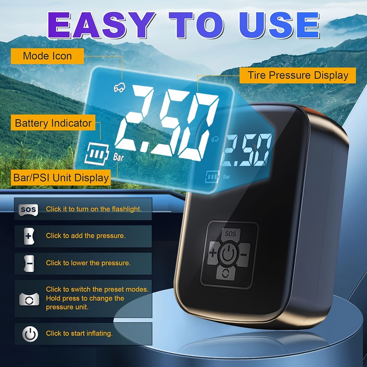 150W Portable Car Tire Inflator with LED Light USB Rechargeable Safe and Efficient