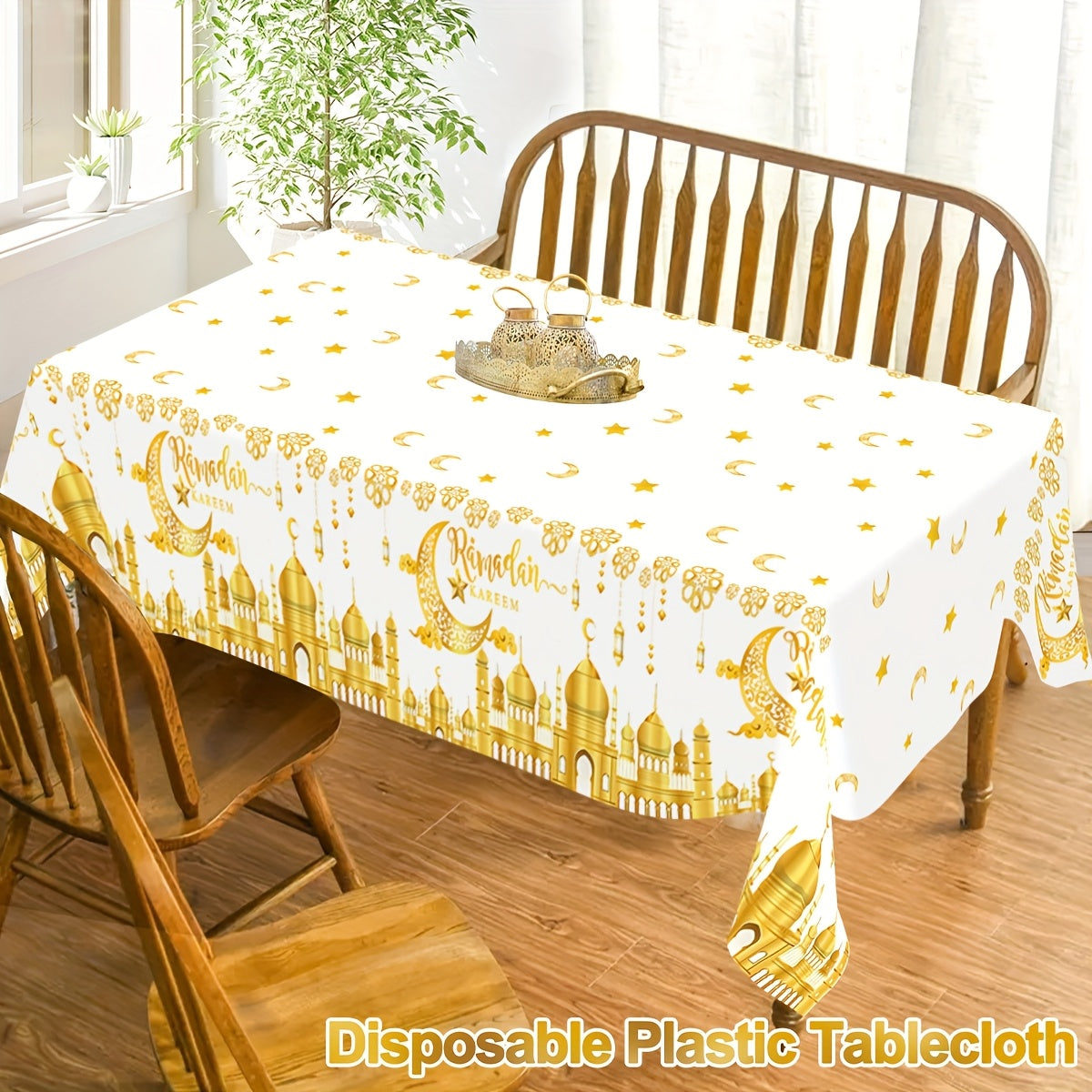 Black and White Plastic Eid Mubarak Tablecloth with Castle Moon and Star Lantern Design for Ramadan and Eid