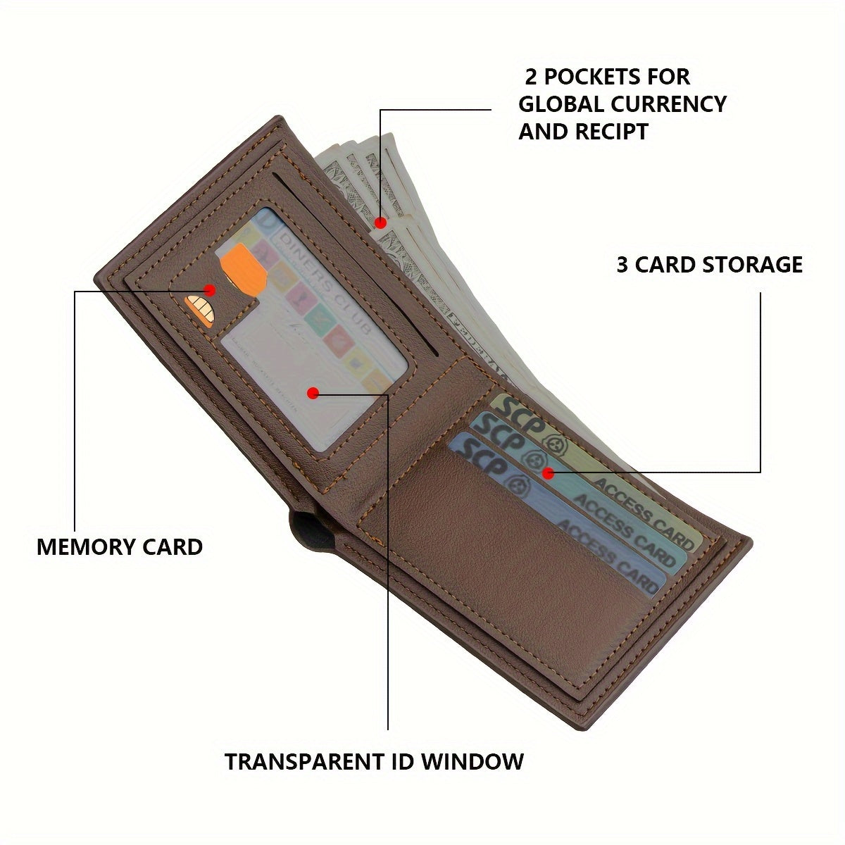 Vintage Faux Leather Wallet with $100 Bill Design, Multi-Card Slots, Black Short Double-Fold