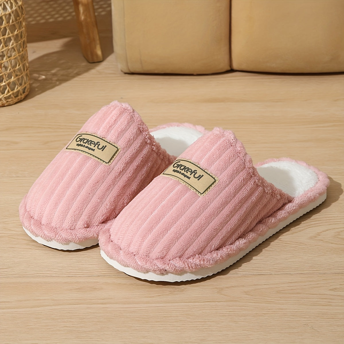 Women's Fleece Slippers with Striped Pattern Indoor/outdoor Non-slip Plush Sole