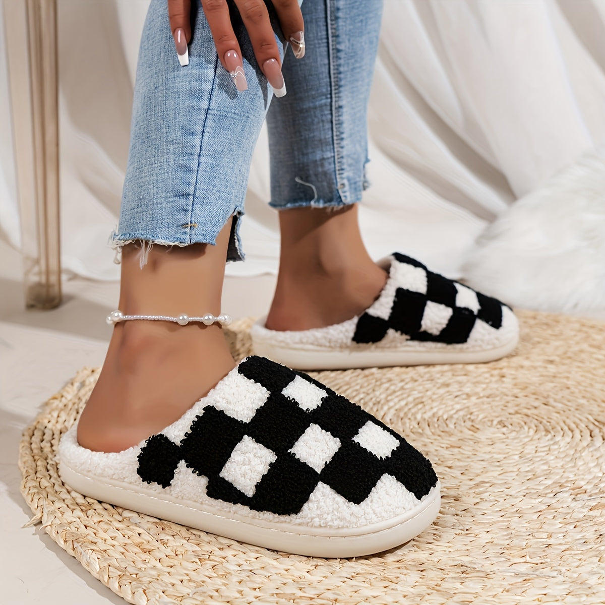 Женские домашние тапочки из плюша в клетку, синие и белые, для дома и улицы