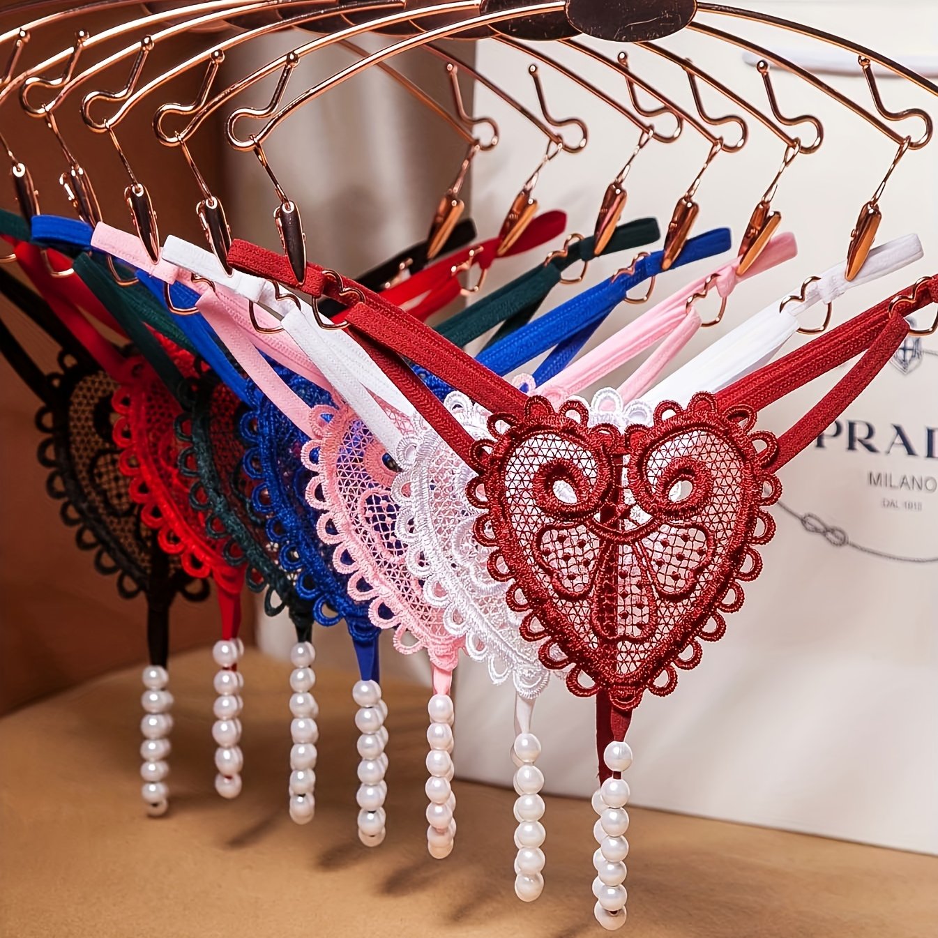 7-Pack Women's Lace Thong Panties with Embroidered Pearl Beads Floral Pattern