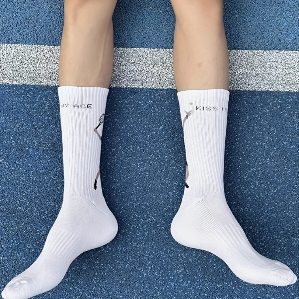 Men's Cotton Blend Sports Socks with Cartoon Print for Football Tennis Fitness Unisex All-Season