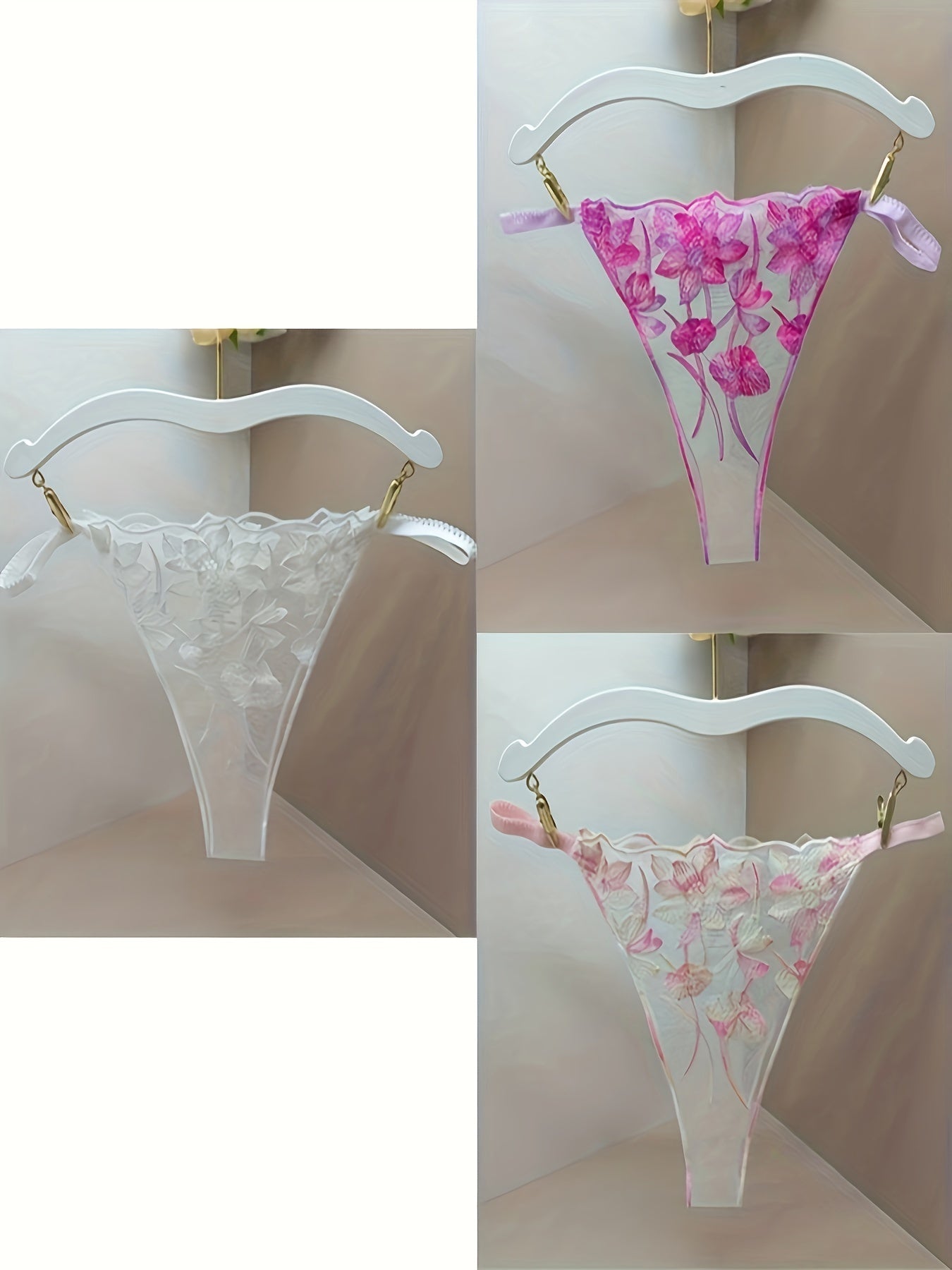 Women's Sheer Mesh Thong Panties with Embroidered Floral Design and Open Crotch