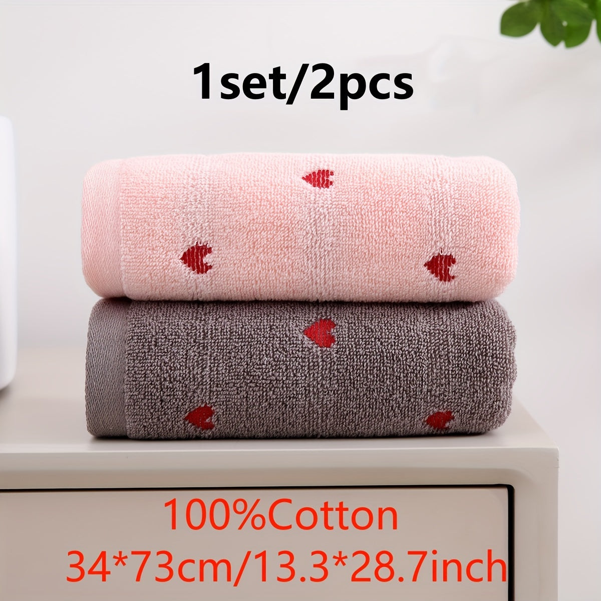 2pcs Heart Embroidered Cotton Hand Towels Soft Absorbent for Bathroom and Home