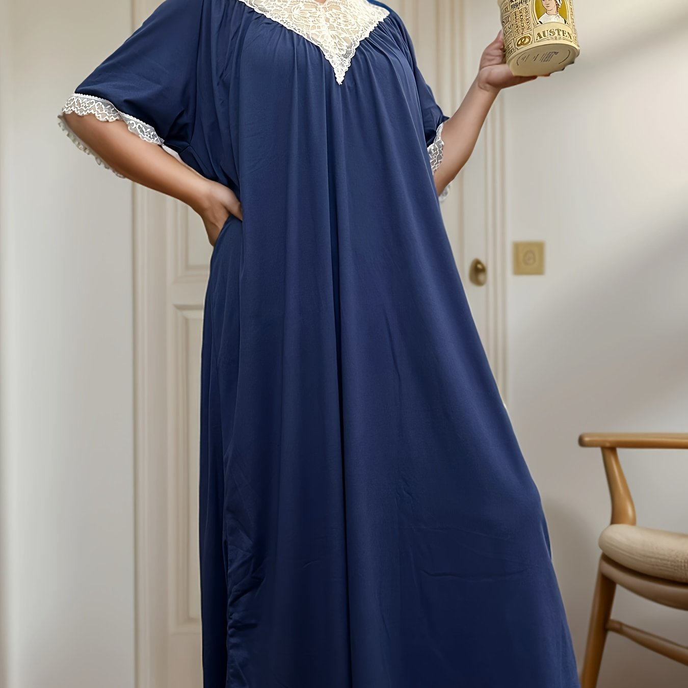 Plus Size Women Lace Trim Short Sleeve Nightgown Soft Stretchy Fabric All-Season Sleepwear