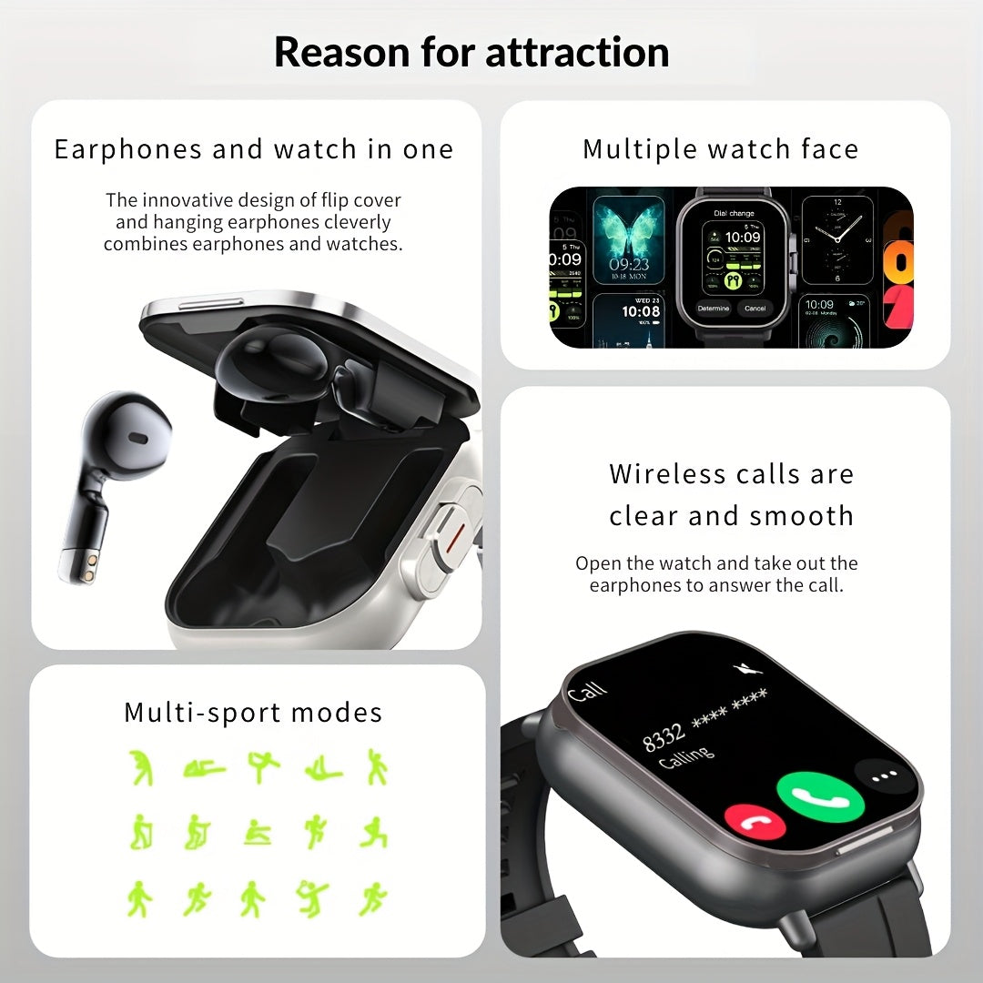 2-in-1 Smart Watch with Wireless Earbuds 5.11cm Touch Screen Pedometer Multi-Sport