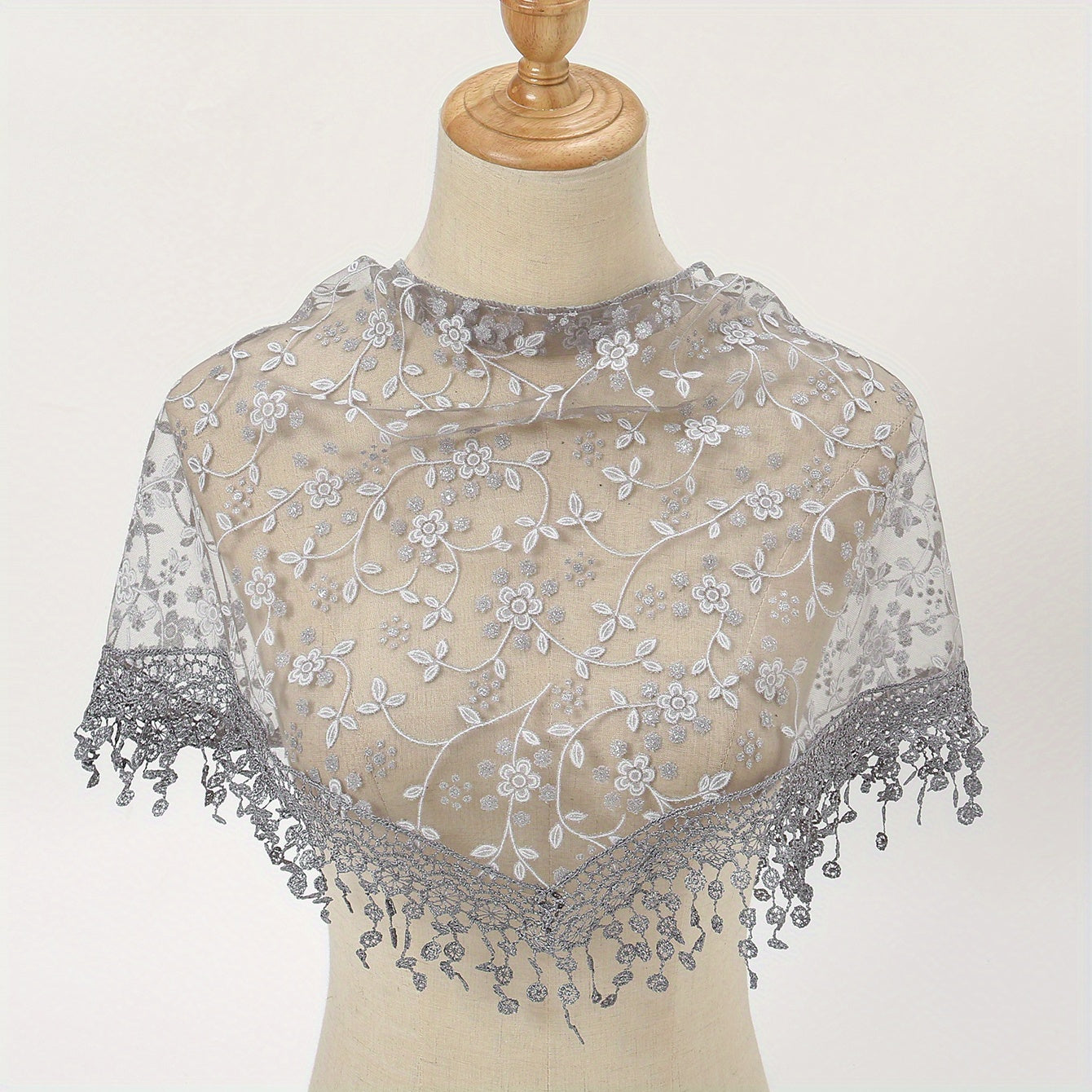 Women's Floral Embroidery Lace Shawl Triangle Scarf Cape Hollow Out Breathable Fabric for Head Covering