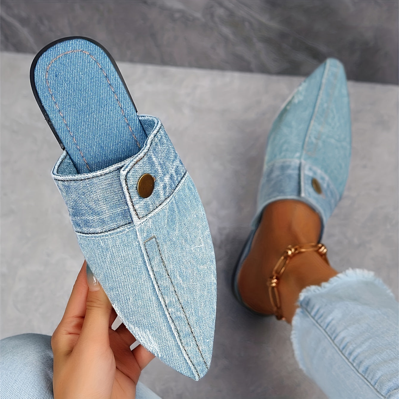 Women's Denim Flat Mules with Pointed Toe Slip-On Casual Outdoor Shoes