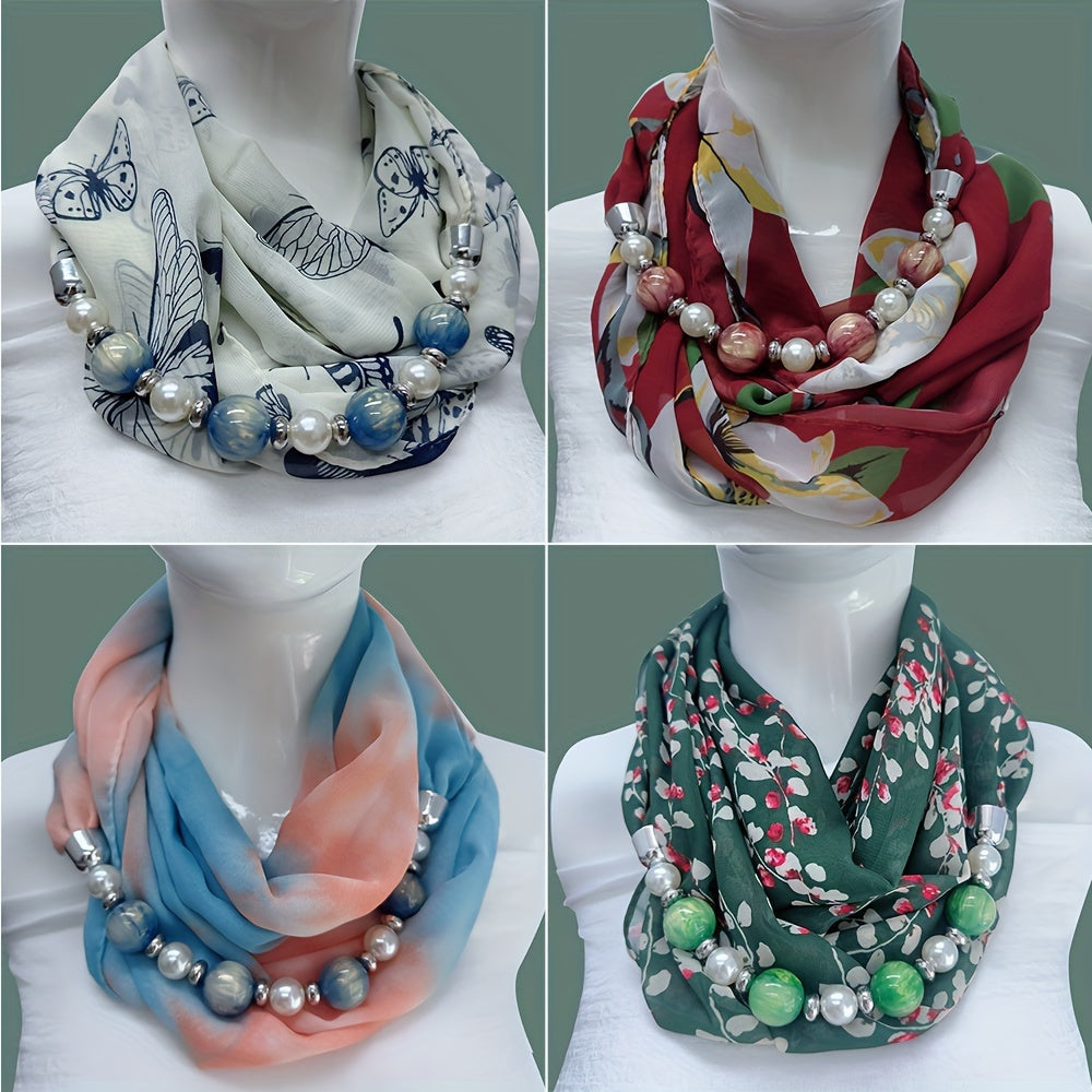 Beaded Necklace Scarf Women’s Chiffon Imitation Ceramic Beads Infinity Accessory